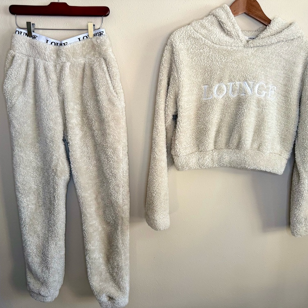 Lounge Cream Sherpa Hoodie Jogger Set Size M Matching Cozy Plush Loungewear